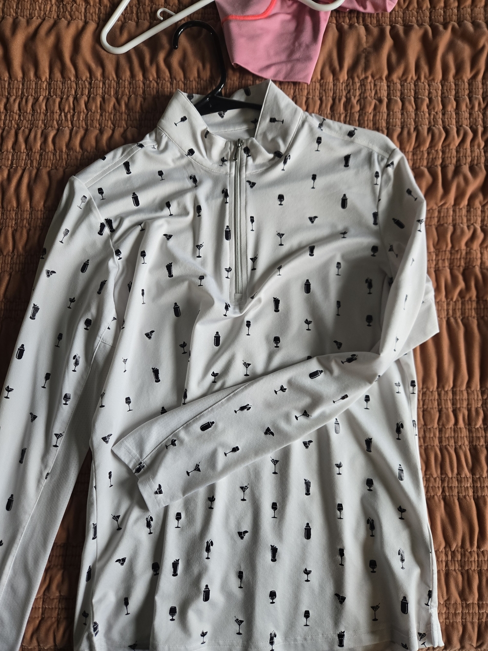 SanSoleil White Quarter-Zip Top with Black Cocktail Print